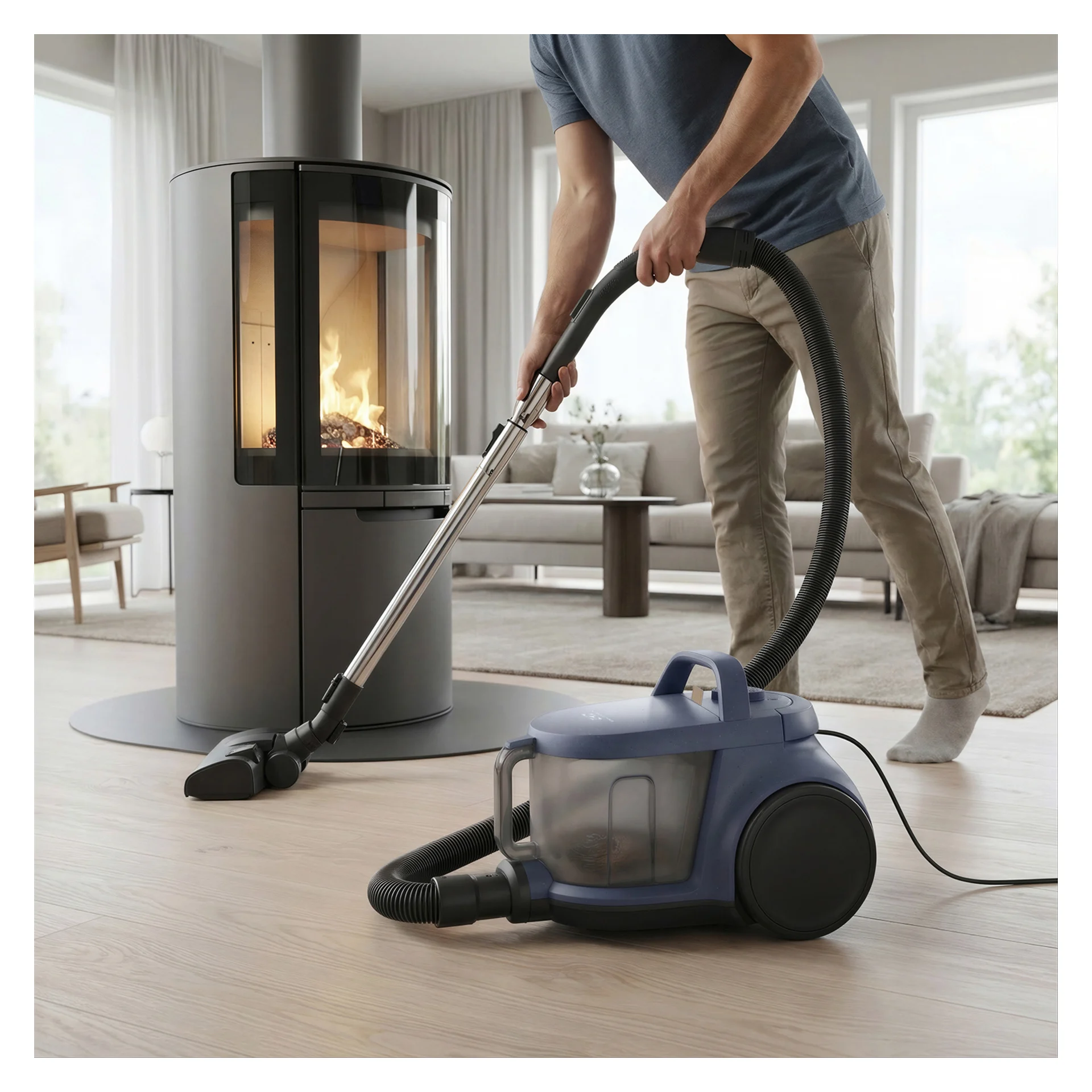Blå golvdammsugare används i ett ljust vardagsrum bredvid en modern kamin.