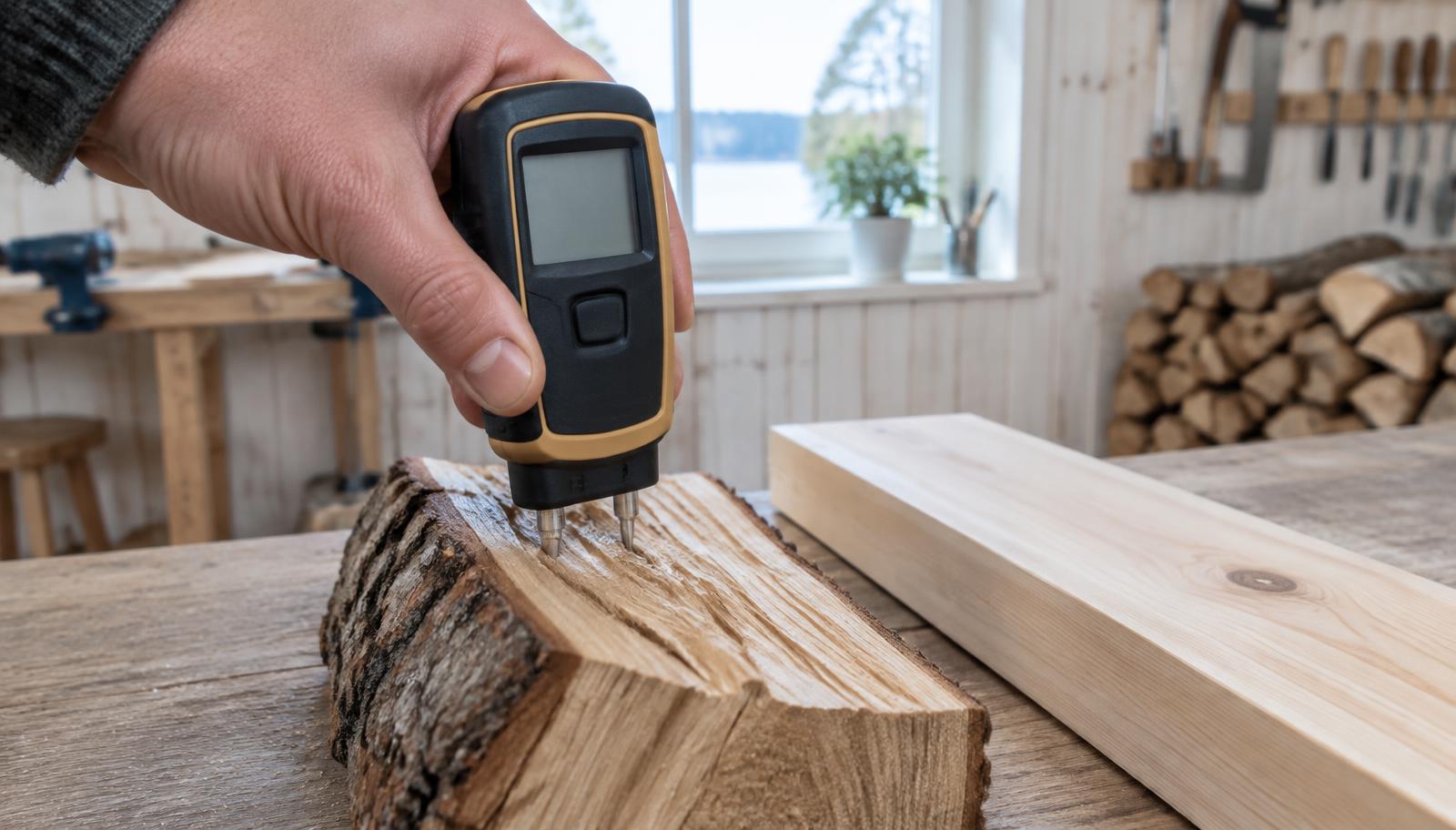 Fuktmätare med stift som mäter fukten i ett kluvet vedträ i en ljus verkstad.